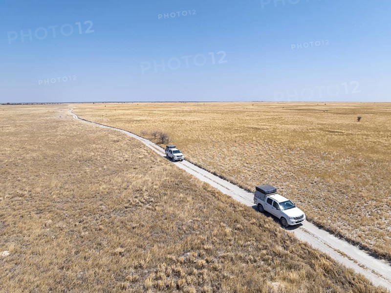 Two off-road vehicles drive on a sandy track through a vast dry landscape with yellow grass, Sowa Pan, Makgadikgadi salt pans, Botswana
