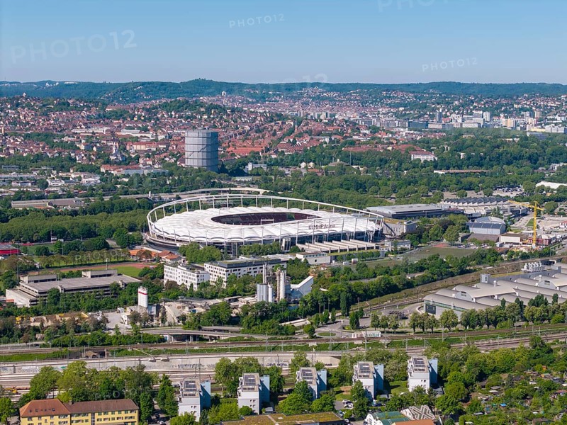 Aerial view, MHP Arena, surrounded by green urbanity and buildings in Stuttgart, Baden-Württemberg, Germany