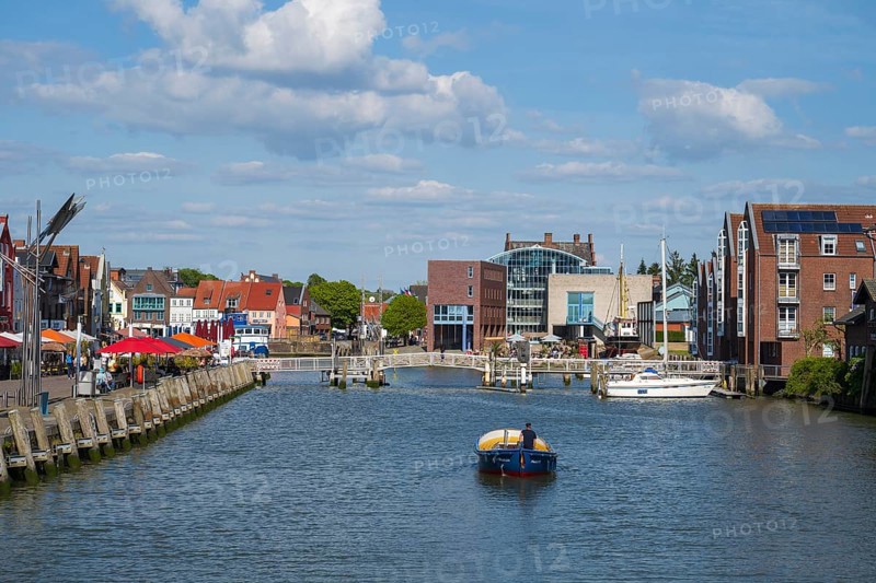 Inland harbour with town hall, Husum, North Sea, North Frisia, Schleswig-Holstein, Germany