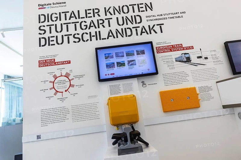 Stuttgart ITS information tower. In the exhibition, Deutsche Bahn AG provides information about the Stuttgart 21 project, digital rail and the Stuttgart Digital Node with Deutschlandtakt. Stuttgart, Baden-Württemberg, Germany