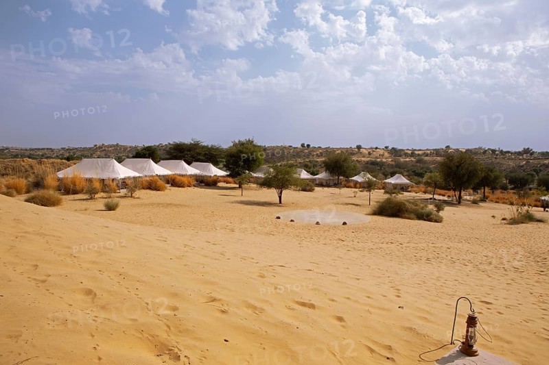 Desert camp or tented camp in the Thar Desert or Great Indian Desert, near Jaisalmer, Rajasthan, India