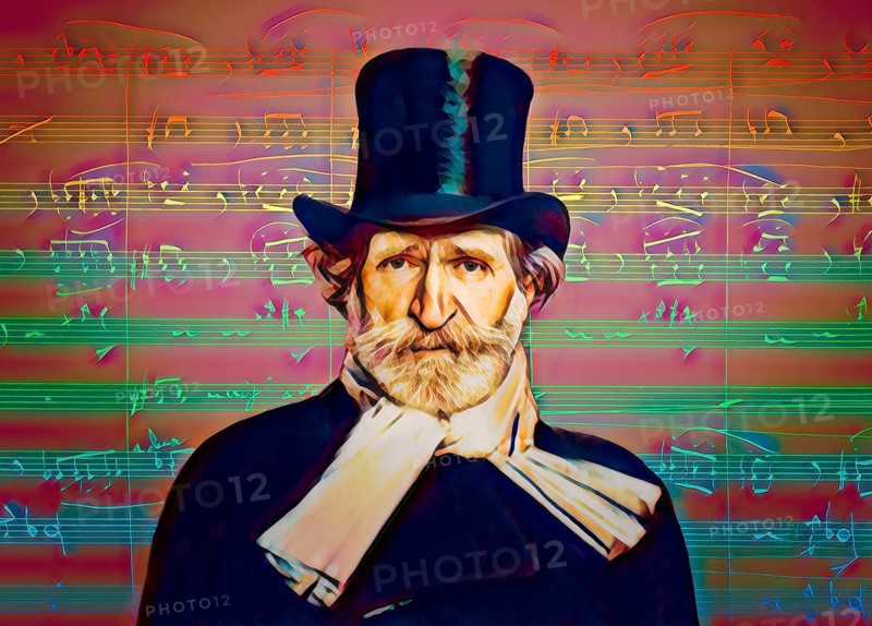Giuseppe Verdi, 1813 – 1901, Italian opera composer, autograph notesheet from Don Carlos, digitally edited after a painting of Giovanni Boldini