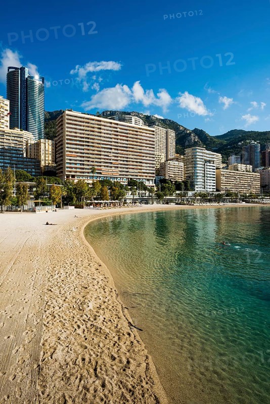 Panorama, Skyline with skyscrapers and beach, Plage du Larvotto, Monte Carlo, Cote d'Azur, Monaco