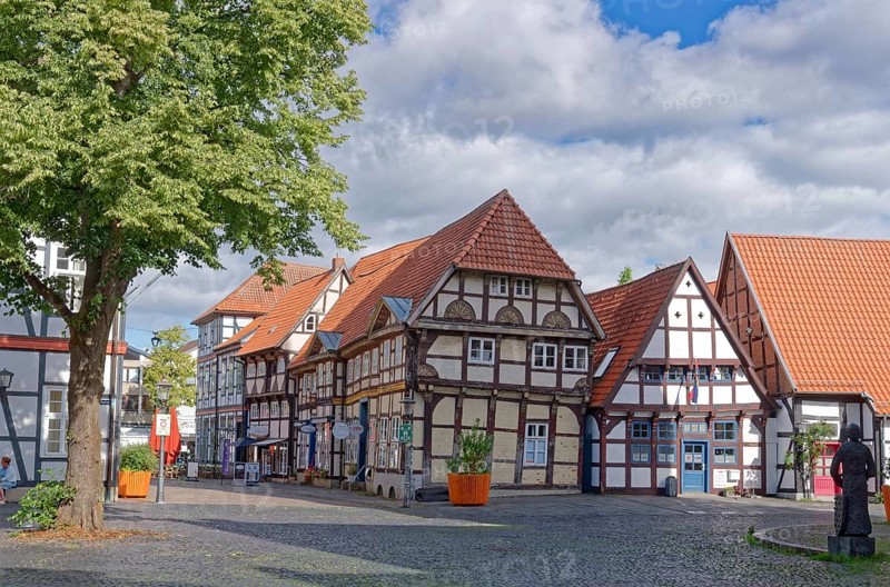 Half-timbered houses on the market square in the historic old town of Nienburg an der Weser. Nienburg, Lower Saxony, Germany