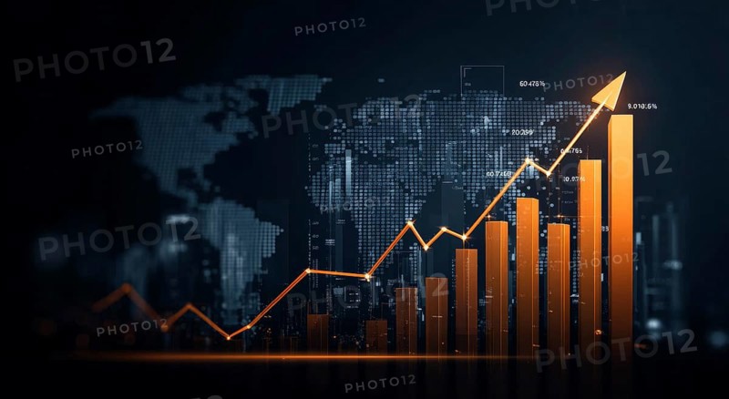 Stock market and economy growth trend fluctuations. Advanced graph business analytic tool that shows economy trends and charts in international global commerce, AI generated
