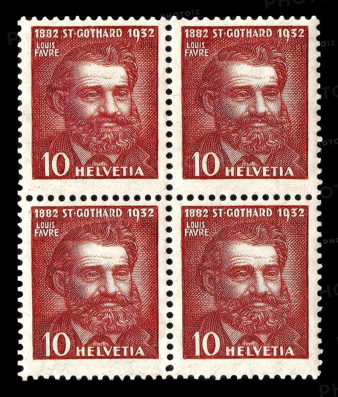 Stamp from Switzerland, Louis Favre, 1826 – 1879, Swiss businessman and engineer, primarily notable for the construction of the Gotthard Rail Tunnel