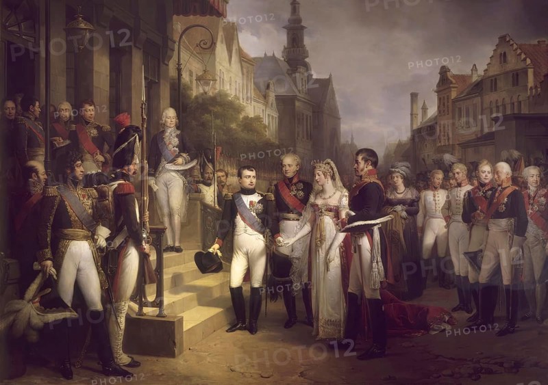 The Treaties of Tilsit, Napoleon, Alexander I of Russia, Queen Louise of Prussia, and Frederick William III in Tilsit, 1807, digitally edited after Nicolas Gosse