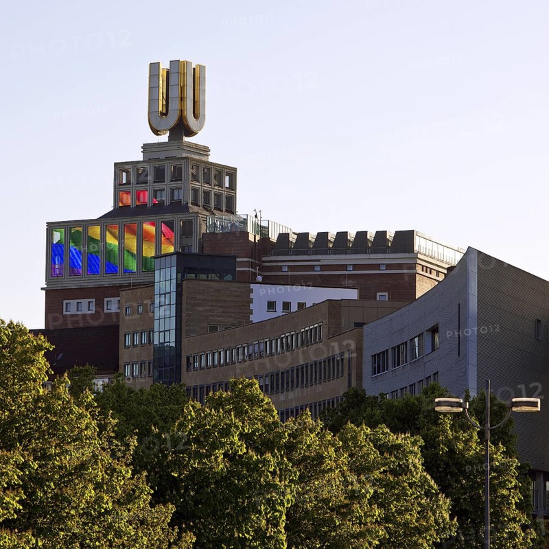 Dortmunder U, Flying pictures by Adolf Winkelmann with green trees, Dortmund, Germany