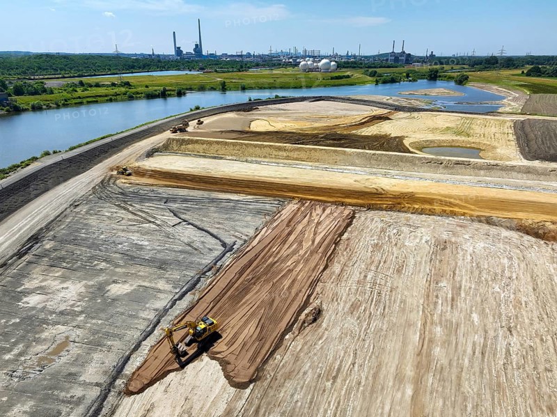 Haltern-Marl, North Rhine-Westphalia, Germany - Lippe, flood protection in the Haltern-Lippramsdorf-Marl area (HaLiMa) . Flood protection on the River Lippe by relocating the dyke and thus extending the floodplain. Marl Chemical Park at the back