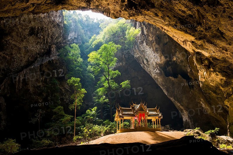 Temple in a stalactite cave, Phraya Nakhon Cave, Khao Sam Roi Yot National Park, Hua Hin, Prachuap Khiri Khan, Thailand