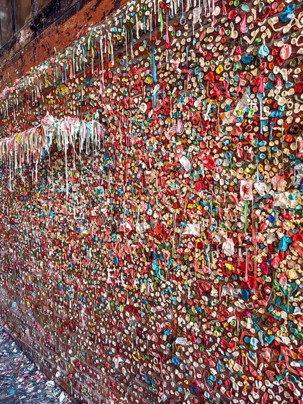 Stone wall with stick-on chewing gum, The Gum Wall, Seattle, Washington, USA, North America