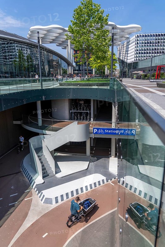 Entrance and exit to the central bicycle car park at Stationsplein, the largest bicycle car park in the world with over 13, 000 parking spaces on 3 floors, directly under the central station, Utrecht Centraal, Netherlands