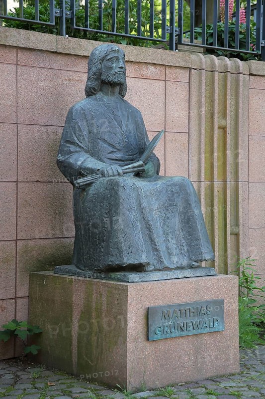 Monument to Matthias Grünewald, Renaissance painter and engineer, inscription, Halle an der Saale, Saxony-Anhalt, Germany
