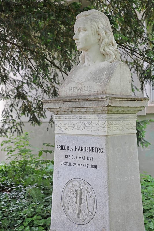 Novalis monument to the writer and philosopher Friedrich von Hardenberg, head, bust, inscription, year, Weißenfels, Saxony-Anhalt, Germany