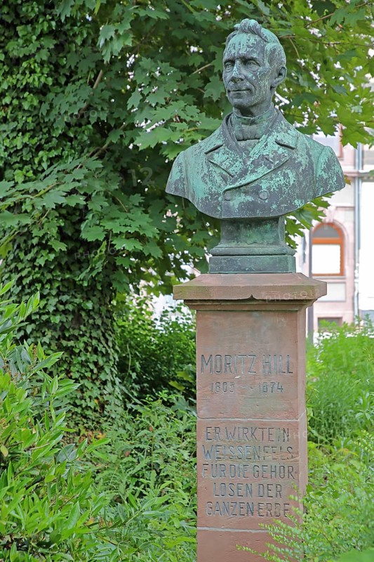 Memorial to deaf-mute teacher Moritz Hill, teacher for deaf-mutes, bust, deaf-muteness, deaf-mute, deaf and dumb, inscription, writing, stele, Weißenfels, Saxony-Anhalt, Germany