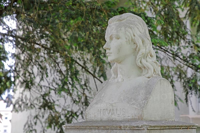Novalis monument to writer and philosopher Friedrich von Hardenberg, head, bust, inscription, Weißenfels, Saxony-Anhalt, Germany
