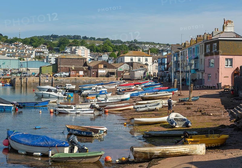 Small boats in harbour at Back Beach, Teignmouth, south Devon, England, UK
