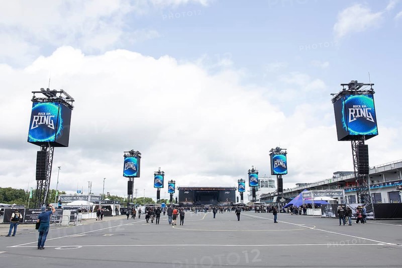 Infield with speaker towers at the Rock am Ring Festival on Friday, Nürburgring race track race track, 06.06.2025