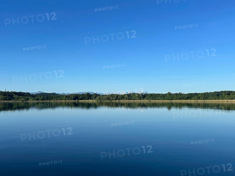 Wooded shore on Lake Starnberg with a view of the Zugspitze massif, Bavaria, Germany