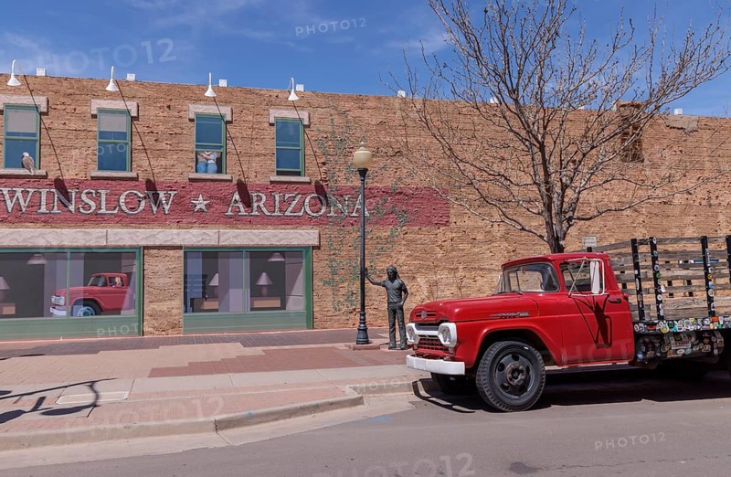 Statue of a man Standin' on a Corner in Winslow Arizona as sung in the classic Glenn Frey and Jackson Browne song
