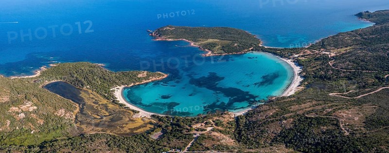 Aerial view, Plage de Rondinara, turquoise sea, sandy beach, bay, Corsica, France