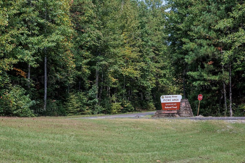 Sign for the Bankhead Ranger District office of the William B. Bankhead National Forest along highway 33 near Double Springs, Alabama