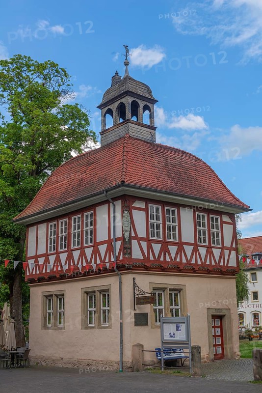 The historic Pfennigstube, carters paid their salt duty here, half-timbered idyll of the old town of Bad Sooden, Allendorf, Bad Sooden district, salt trade, salt extraction, export, tower, townscape, restored half-timbered house, Werra-Meissner district, Hesse, Germany