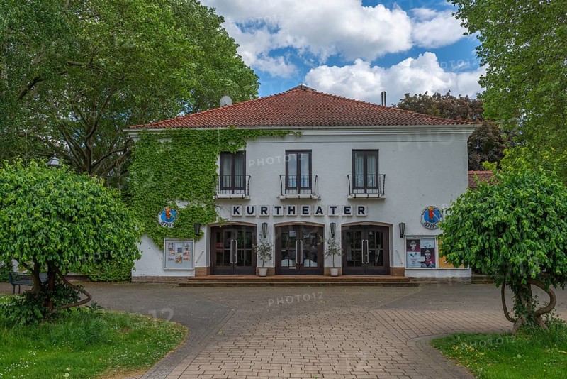 Entrance area to the spa theatre, Bad Sooden, Allendorf, Bad Sooden district, cinema, cultural centre, entertainment, leisure, fun, lawn, trees, blue sky, clouds, Werra-Meissner district, Hesse, Germany