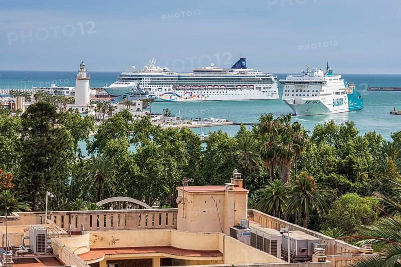Cruise ship in the harbor of Malaga, lighthouse, Malaga, Andalusia, Spain