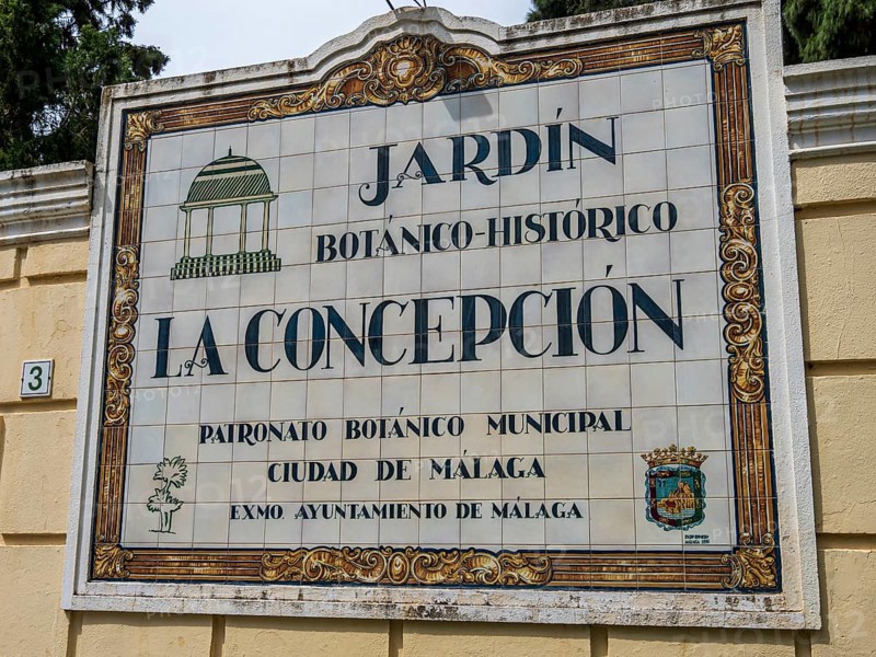 Sign of botanic garden, city Malaga, Andalusia, Spain