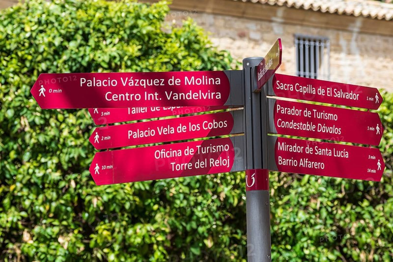 Signposts of historic locations, Ubeda, Unesco heritage city, Andalusia, Spain