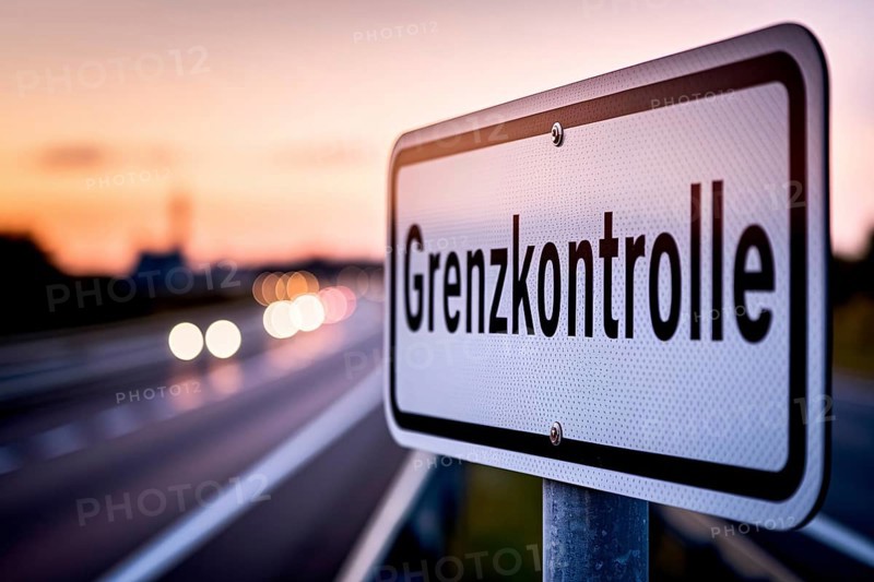 Close up of white road sign saying 'Grenzkontrolle' (border control) on side of street. Generative AI, AI generated
