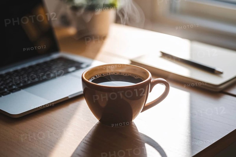 Cup of steaming coffee on desk. Cozy workspace with notebook in background, Generative ai, AI generated