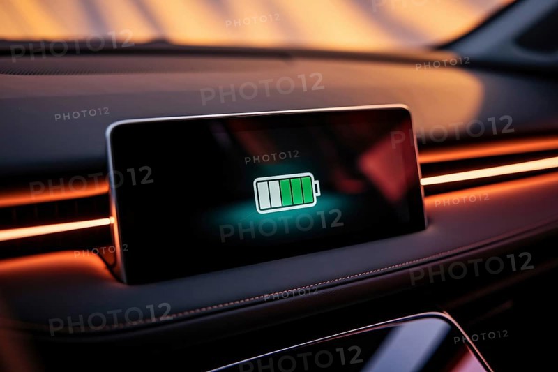 Electric car dashboard showing half full battery charge in close-up display. Generative Ai, AI generated