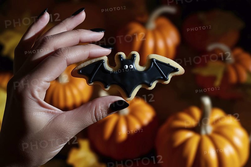 Woman's hand with black nail polish holding bat-shaped Halloween cookie with funny face and pumpkins in blurry background. Generative ai, AI generated