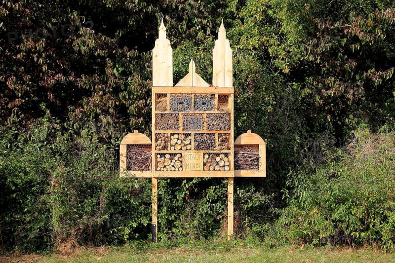 Insect hotel, artificially created shelter, nesting aid and overwintering aid for insects in the shape of Fulda Cathedral, Hesse, Germany