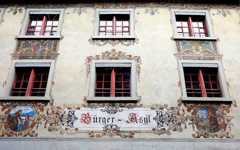 Facade with façade painting in the old town, Bürger-Asyl, Stein am Rhein, Canton Schaffhausen, Switzerland
