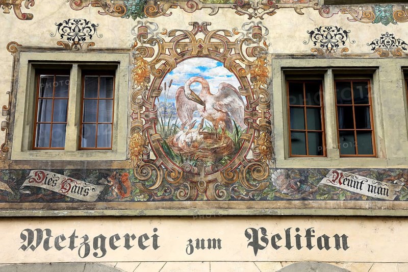 House facade with facade painting in the old town, butcher's shop zum Pelican, Stein am Rhein, Canton Schaffhausen, Switzerland