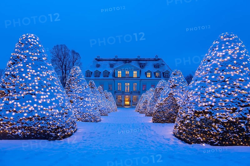 Wackerbarth castle with Christmas lights in the winter twilight, Radebeul, Saxony, Germany