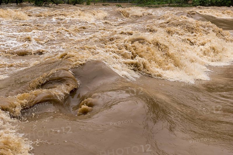 Symbolic image extreme weather, global warming, climate change, flood, flooded weir in Remseck an der Rems, Remstal, Remsec an der Rems, Baden-Württemberg, Germany
