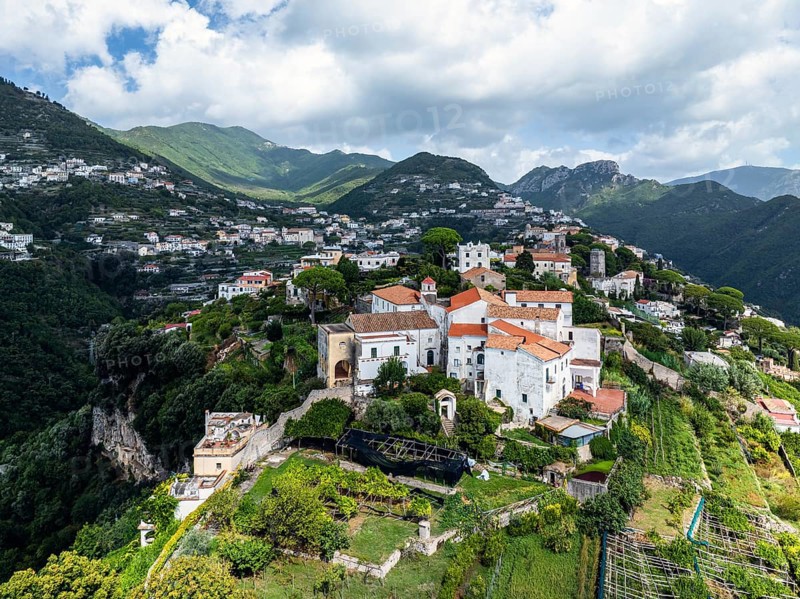 View of Ravello from a drone, Amalfi Coast, Tyrrhenian Sea, Salerno, Campania, Italy