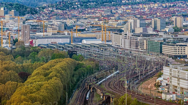 Track apron at the main railway station with a view of Stuttgart city centre. After completion of the Stuttgart 21 project, flats and the new Rosenstein district and flats are to be built here. Aerial view. Stuttgart, Baden-Württemberg, Germany