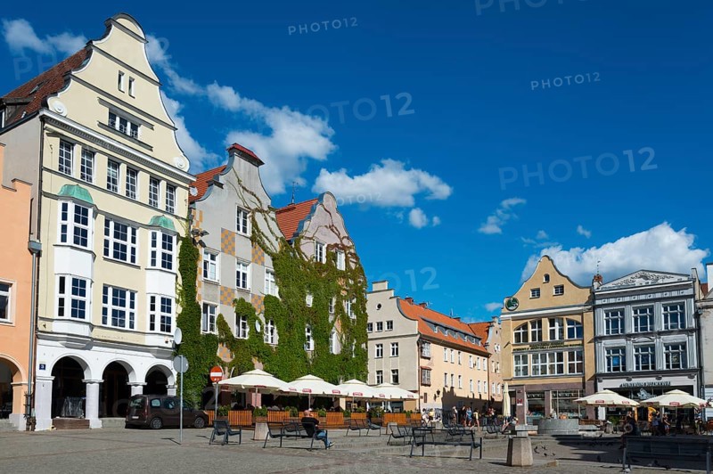 Impressive half-timbered houses in a sunlit street with lots of greenery, market square, Old Town, Olsztyn, Alleinstein, Warmia-Masuria, Poland