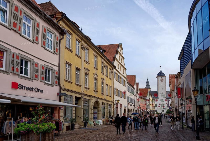 Shops and residential buildings in Burgstraße in the old town centre of Bad Mergentheim. Baden-Würtemberg, Germany