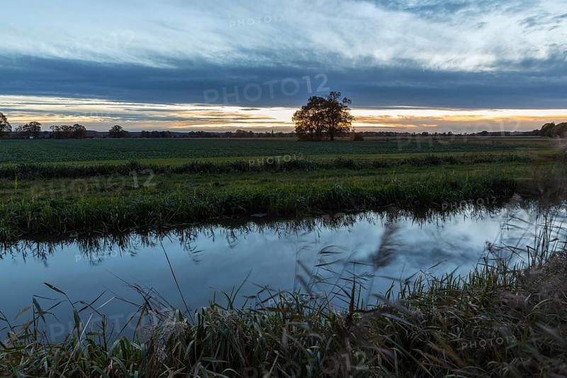 Raklitza water channel at sunset, Niederspreer pond area, Rietschen, Saxony, Germany