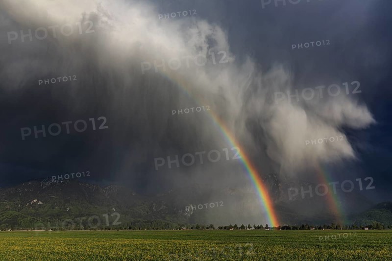 Rainbow, thundercloud, shower, evening light, summer, Loisach-Lake Kochel moor, Kochler mountains, Alpine foothills, Bavaria, Germany