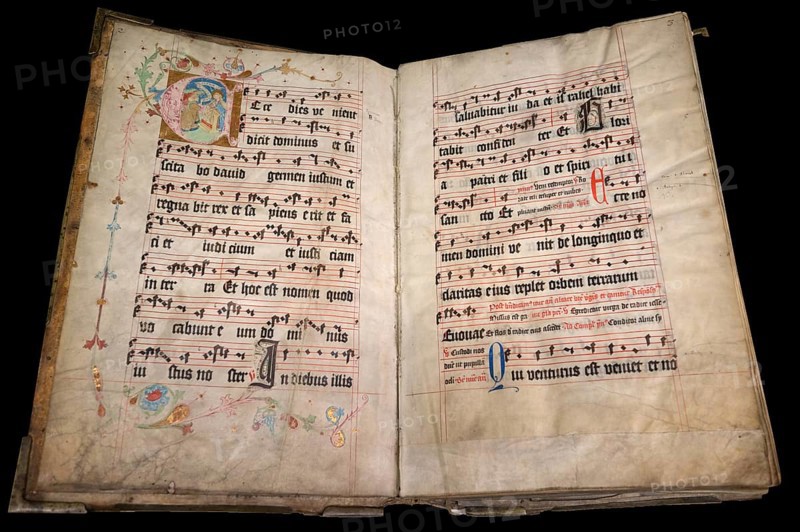 Inside pages of the antique songbook of Gregorian chant from 1471, Bavaria, Germany