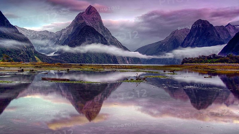 Milford Sound, fog, reflection, lake, South Island, mountains, New Zealand, Milford Sound, South Island, New Zealand