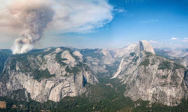 View from Glacier Point to Yosemite Valley with Half Dome, Forest fire with smoke, Yosemite National Park, California, USA