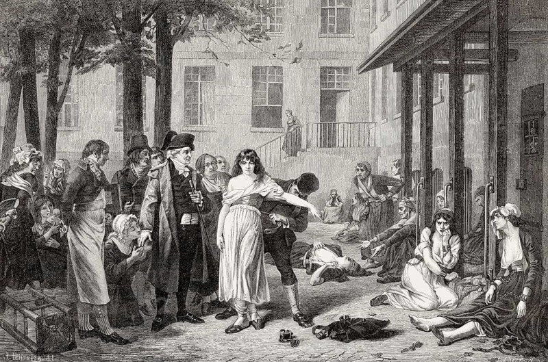 Dr. Philippe Pinel ordering the removal of chains from patients at the Paris Asylum for insane women, 18th century